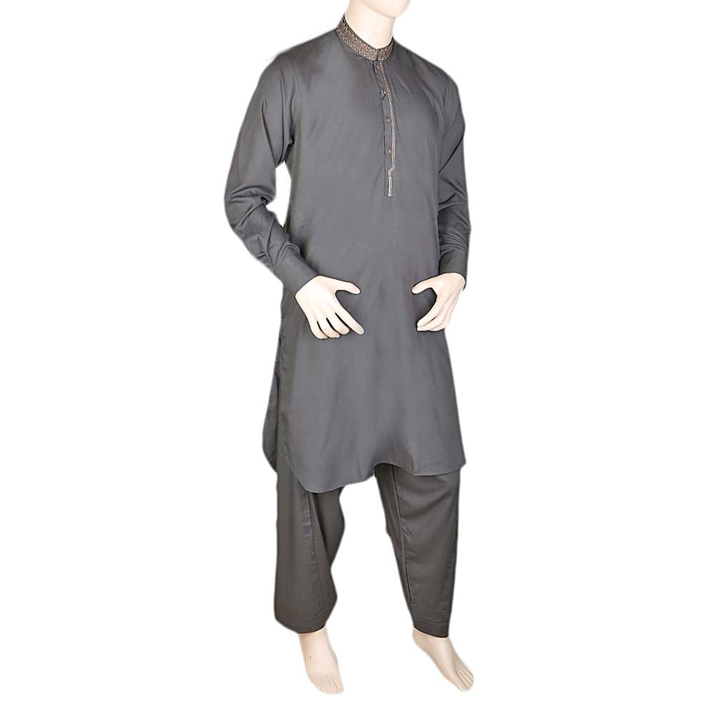 Eminent Band Collar Embroidered Shalwar Kameez For Men - Olive Green, Men, Shalwar Kameez, Chase Value, Chase Value