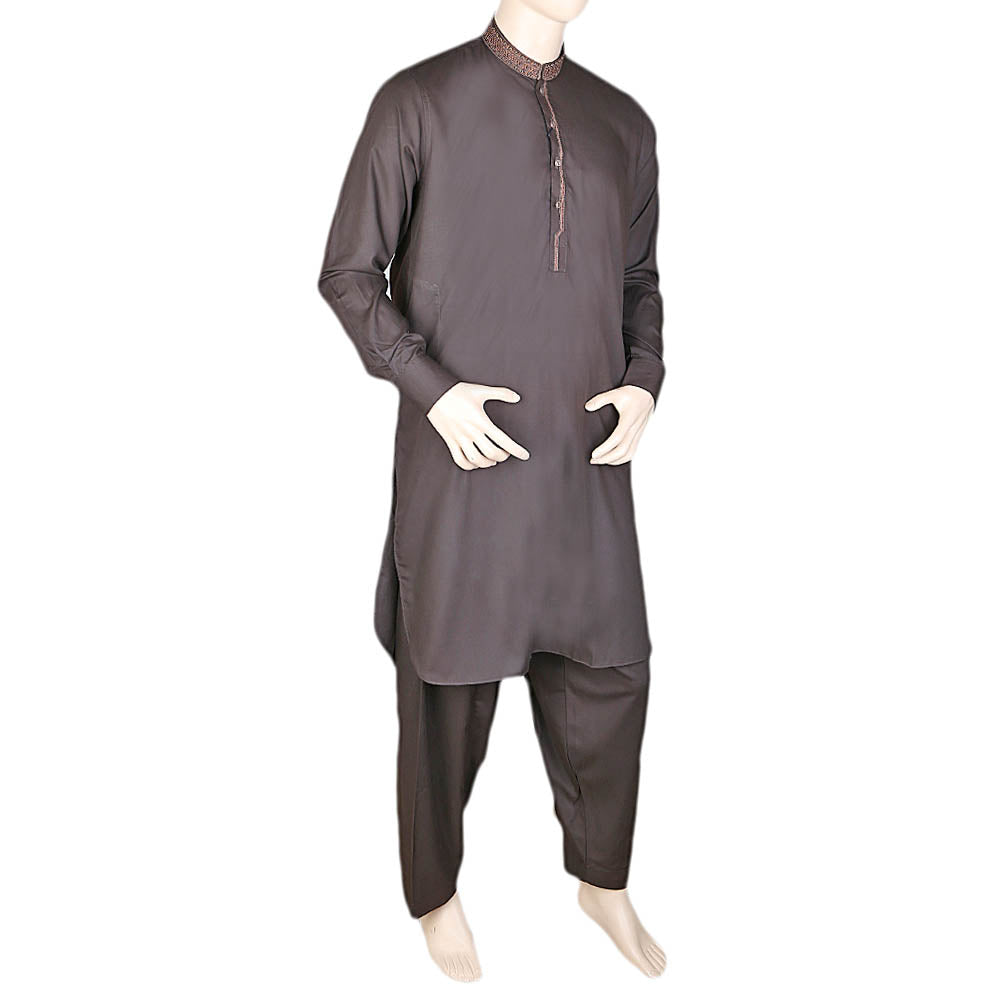 Eminent Band Collar Embroidered Shalwar Kameez For Men - Coffee, Men, Shalwar Kameez, Chase Value, Chase Value