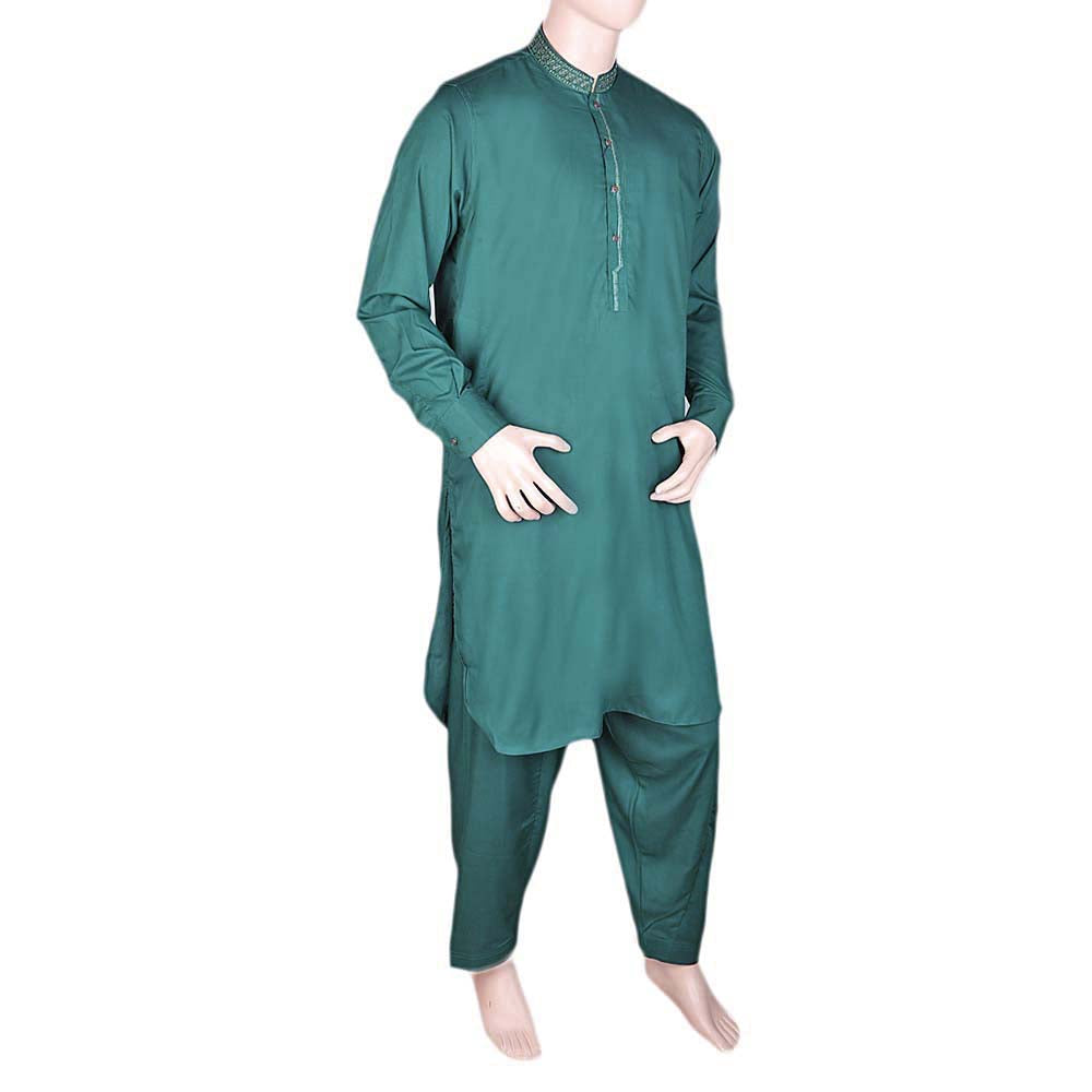 Eminent Band Collar Embroidered Shalwar Kameez For Men Steel Green
