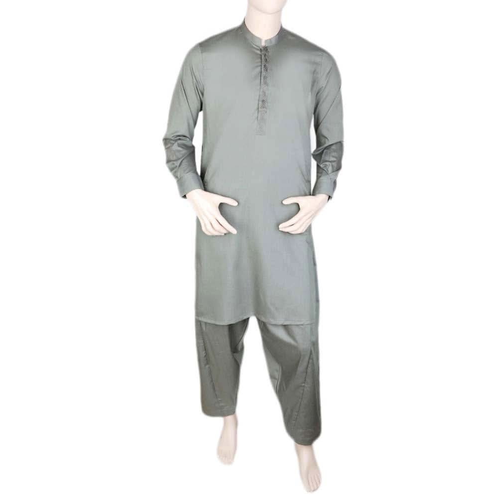 Men's Band Collar Embroidered Shalwar Kameez - Green, Men, Shalwar Kameez, Chase Value, Chase Value