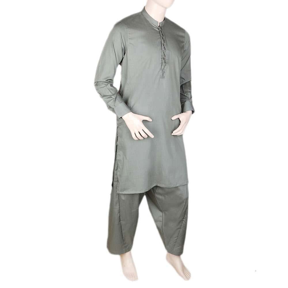 Men's Band Collar Embroidered Shalwar Kameez - Green, Men, Shalwar Kameez, Chase Value, Chase Value