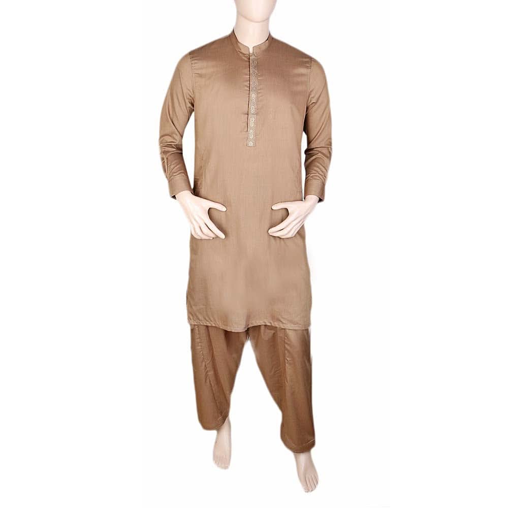 Men's Band Collar Embroidered Shalwar Kameez - Beige, Men, Shalwar Kameez, Chase Value, Chase Value