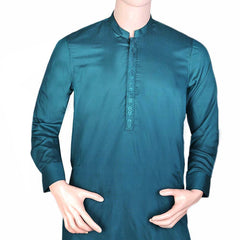 Men's Band Collar Embroidered Shalwar Kameez - Steel Green, Men, Shalwar Kameez, Chase Value, Chase Value