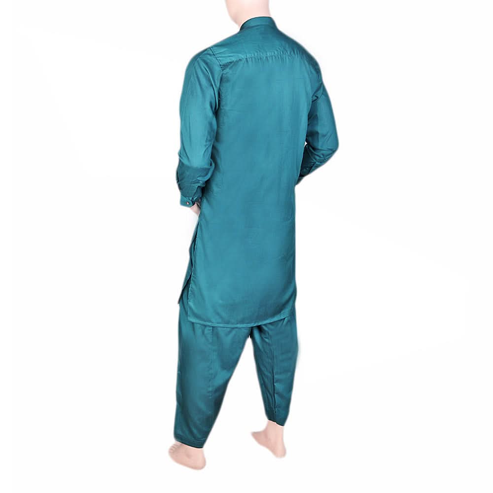 Men's Band Collar Embroidered Shalwar Kameez - Steel Green, Men, Shalwar Kameez, Chase Value, Chase Value