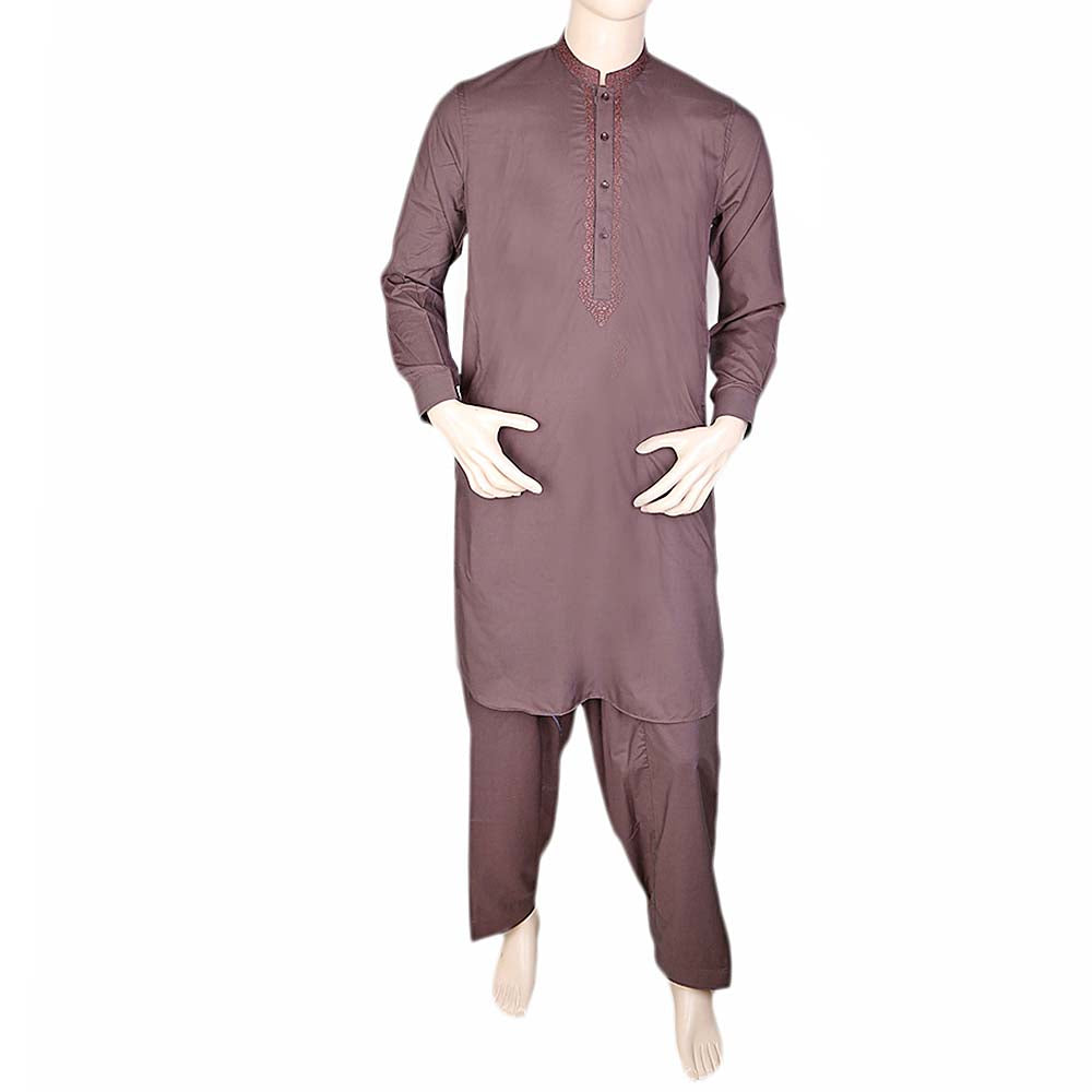 Men's Band Collar Embroidered Shalwar Kameez - Coffee, Men, Shalwar Kameez, Chase Value, Chase Value