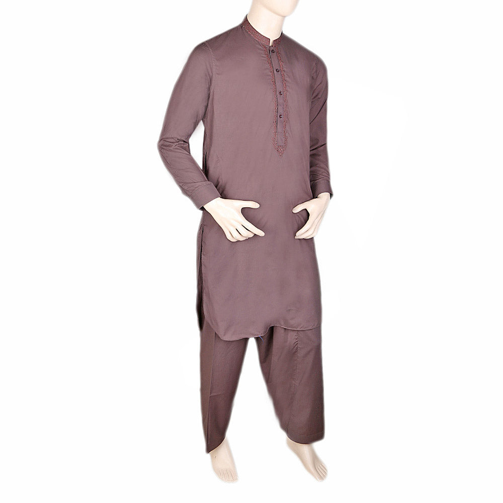 Men's Band Collar Embroidered Shalwar Kameez - Coffee, Men, Shalwar Kameez, Chase Value, Chase Value
