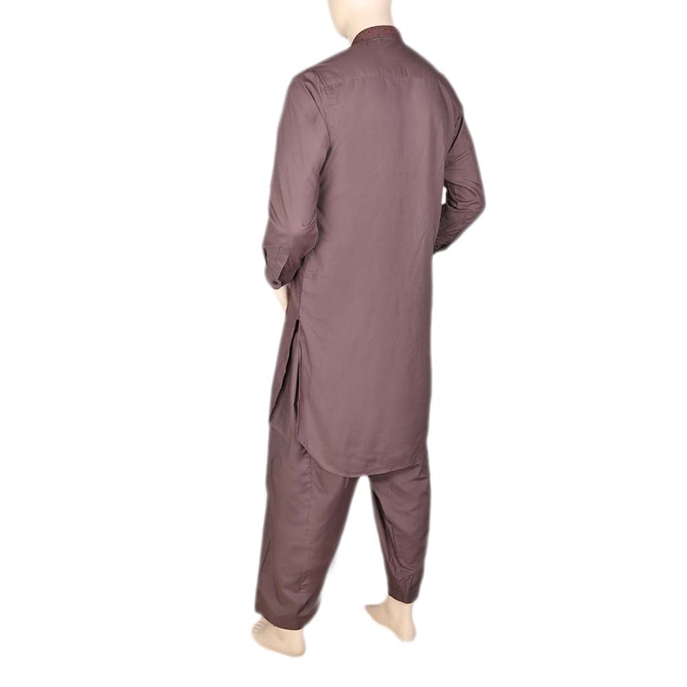 Men's Band Collar Embroidered Shalwar Kameez - Coffee, Men, Shalwar Kameez, Chase Value, Chase Value