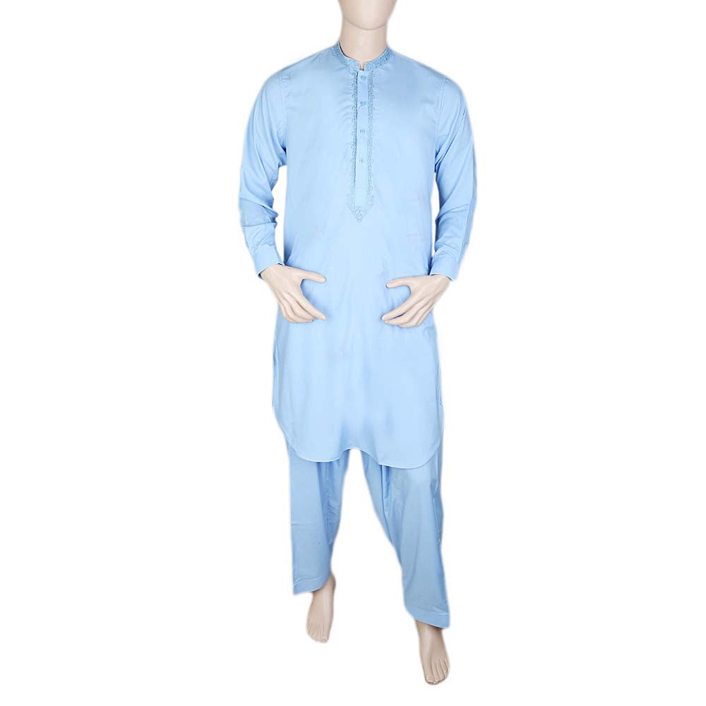 Men's Band Collar Embroidered Shalwar Kameez - Blue, Men, Shalwar Kameez, Chase Value, Chase Value