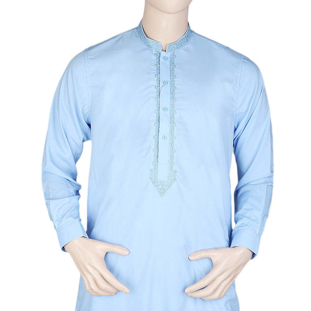 Men's Band Collar Embroidered Shalwar Kameez - Blue, Men, Shalwar Kameez, Chase Value, Chase Value