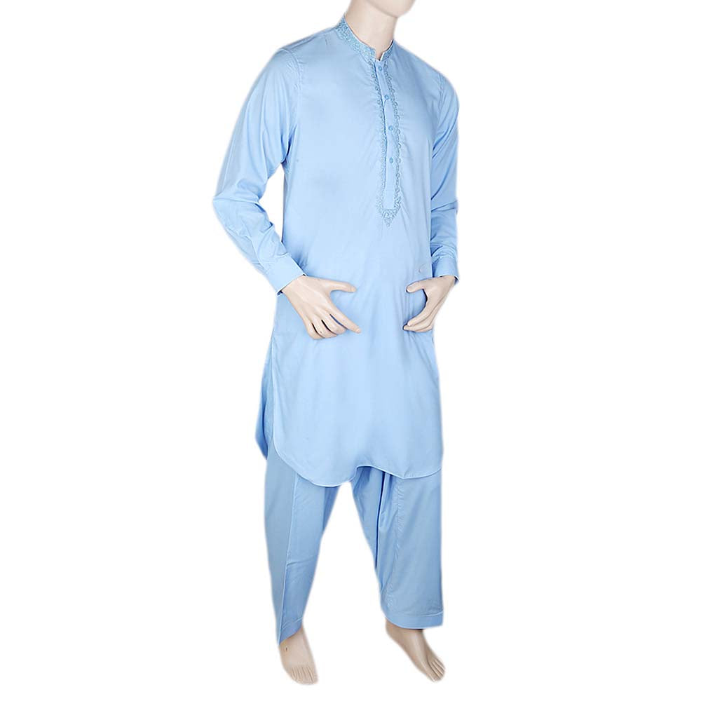 Men's Band Collar Embroidered Shalwar Kameez - Blue, Men, Shalwar Kameez, Chase Value, Chase Value