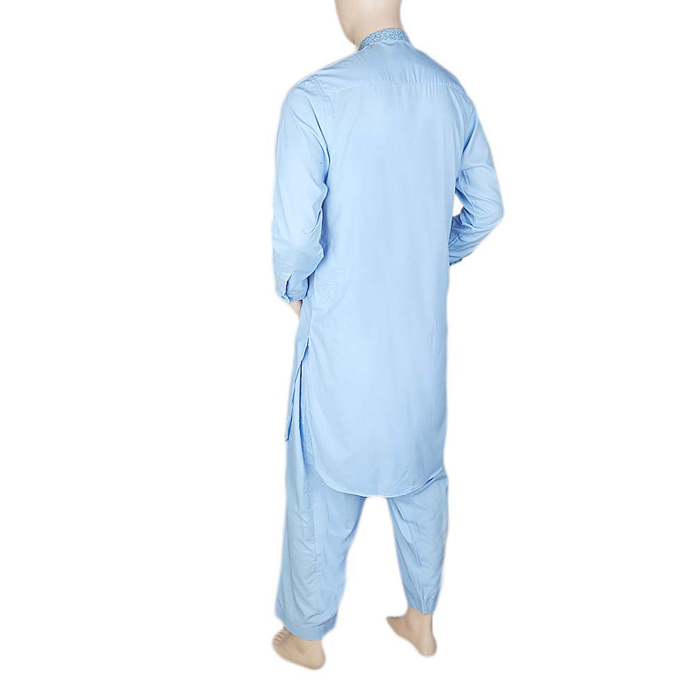 Men's Band Collar Embroidered Shalwar Kameez - Blue, Men, Shalwar Kameez, Chase Value, Chase Value