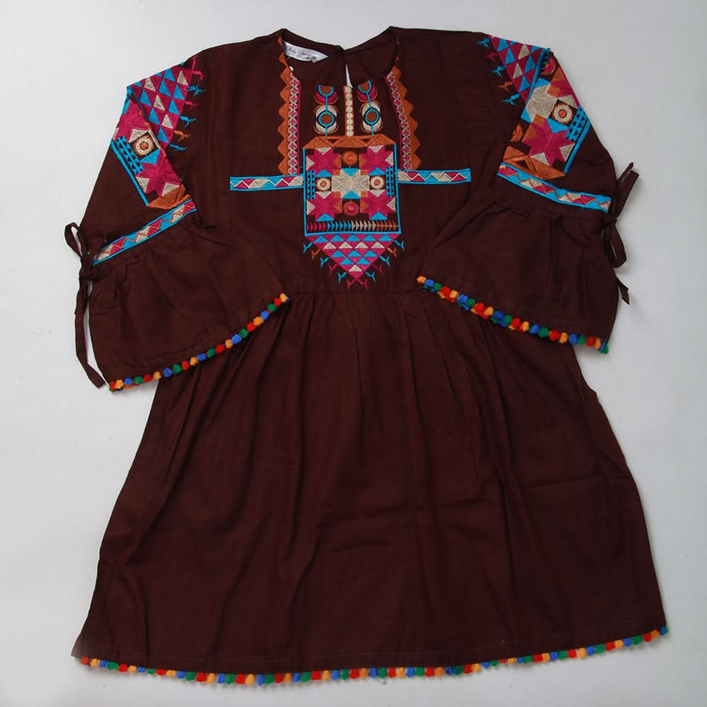 Girls Embroidered Kurti - Coffee, Kids, Girls Kurti, Chase Value, Chase Value
