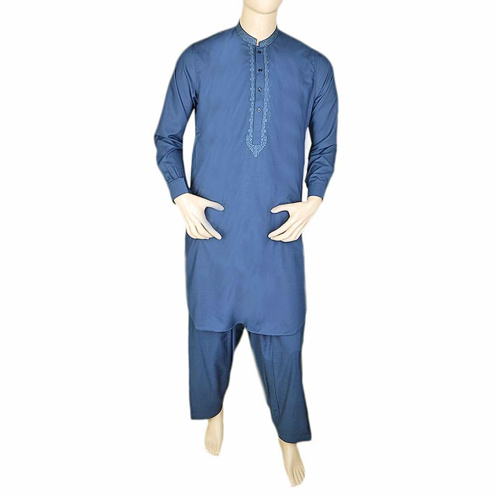 Men's Band Collar Embroidered Shalwar Kameez - Navy Blue, Men, Shalwar Kameez, Chase Value, Chase Value