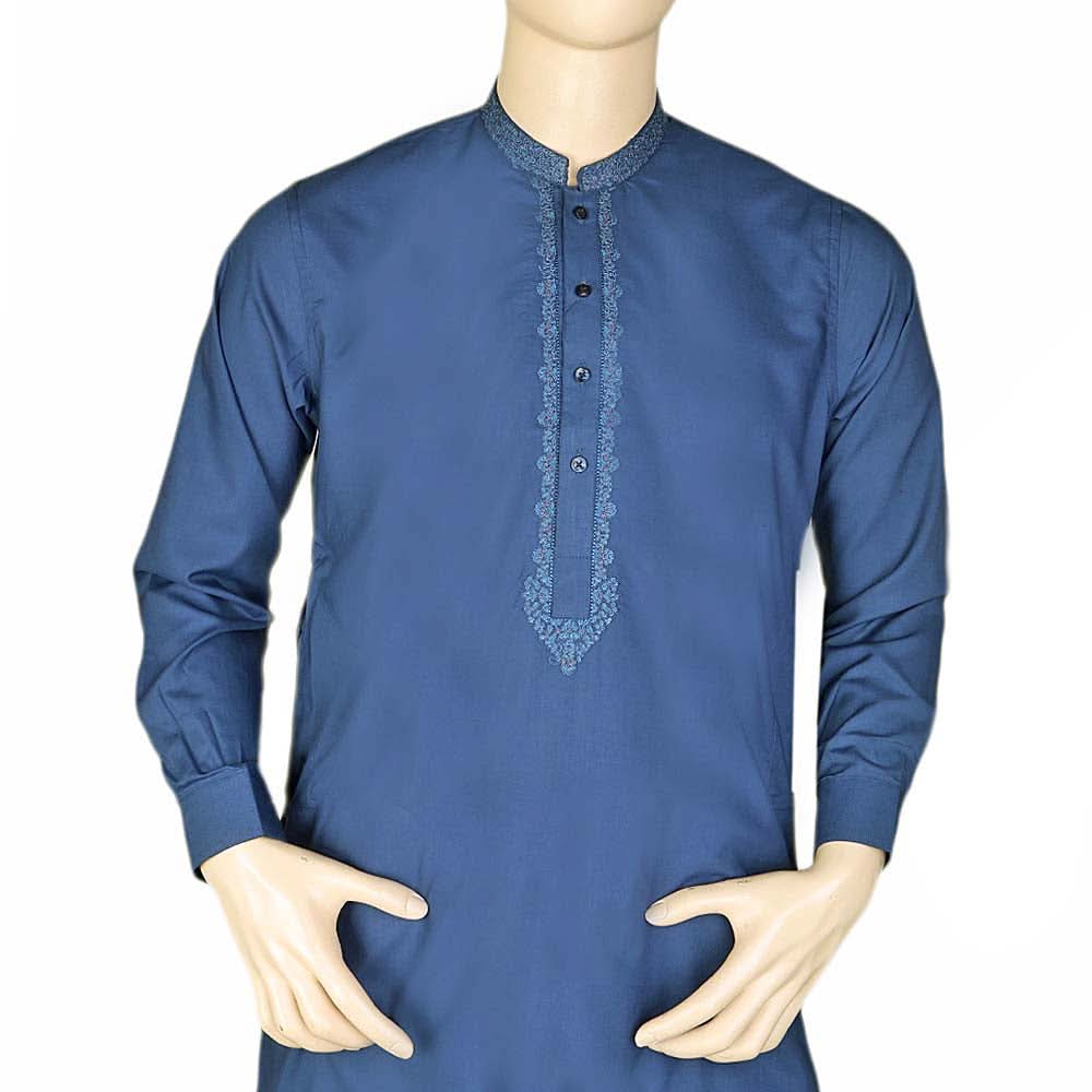 Men's Band Collar Embroidered Shalwar Kameez - Navy Blue, Men, Shalwar Kameez, Chase Value, Chase Value