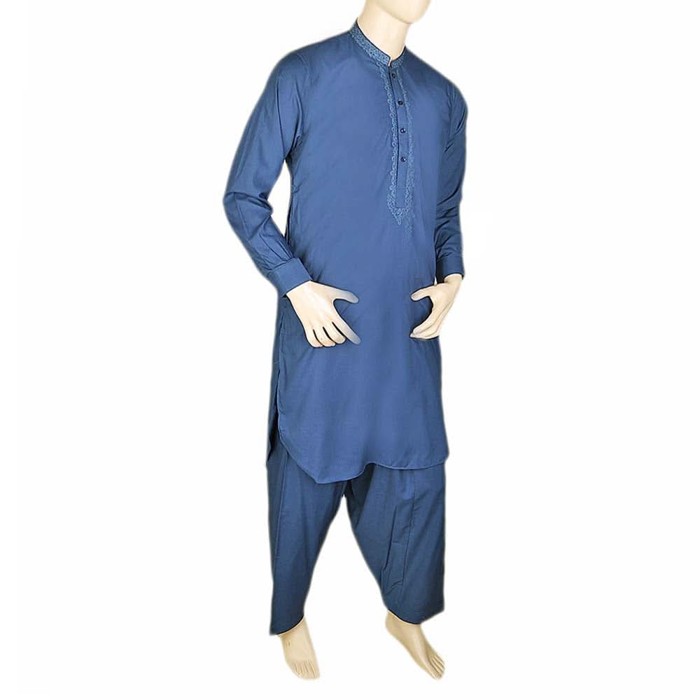 Men's Band Collar Embroidered Shalwar Kameez - Navy Blue, Men, Shalwar Kameez, Chase Value, Chase Value