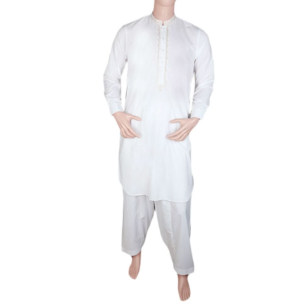 Men's Band Collar Embroidered Shalwar Kameez - OFF White, Men, Shalwar Kameez, Chase Value, Chase Value