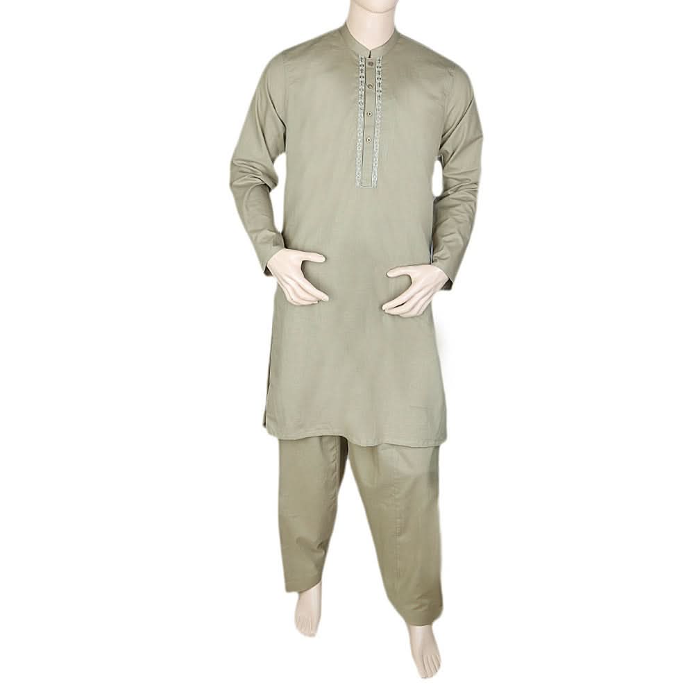 Men's Embroidered Shalwar Kameez Band Collar - Green, Men, Shalwar Kameez, Chase Value, Chase Value