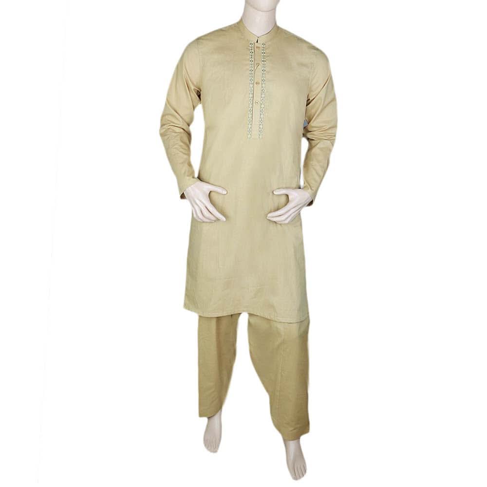 Men's Embroidered Shalwar Kameez Band Collar - Camel, Men, Shalwar Kameez, Chase Value, Chase Value