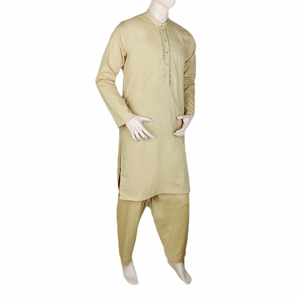 Men's Embroidered Shalwar Kameez Band Collar - Camel, Men, Shalwar Kameez, Chase Value, Chase Value