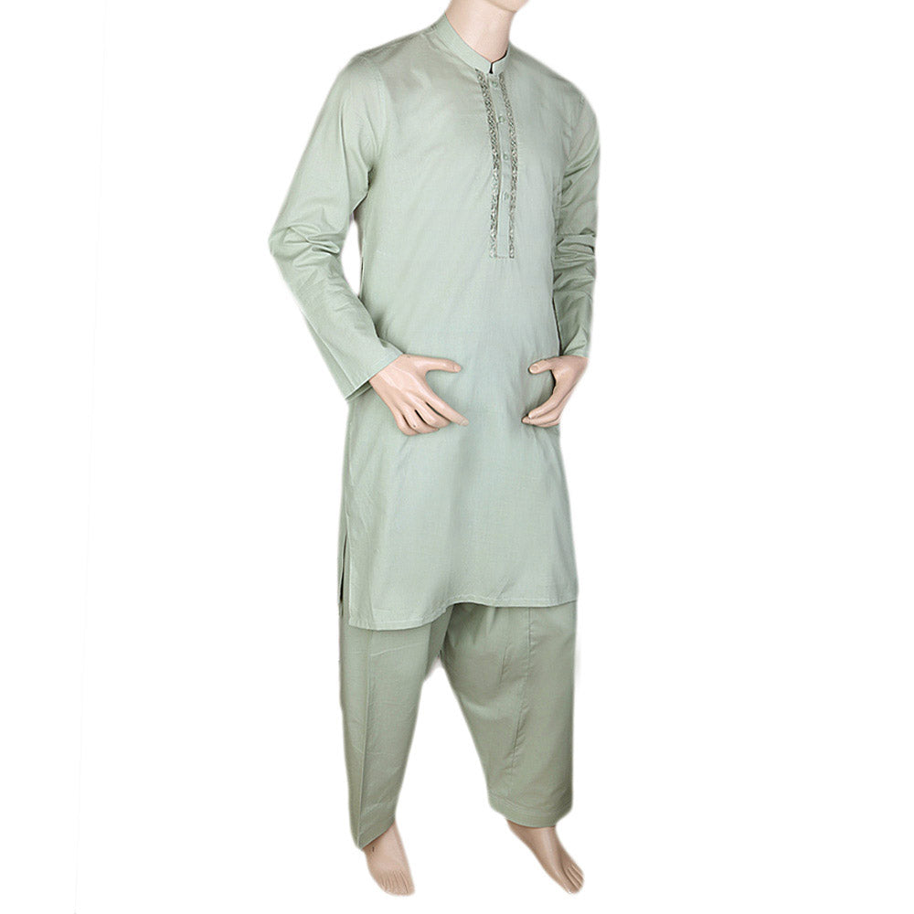 Men's Embroidered Shalwar Kameez Band Collar - Light Green, Men's Fashion, Chase Value, Chase Value