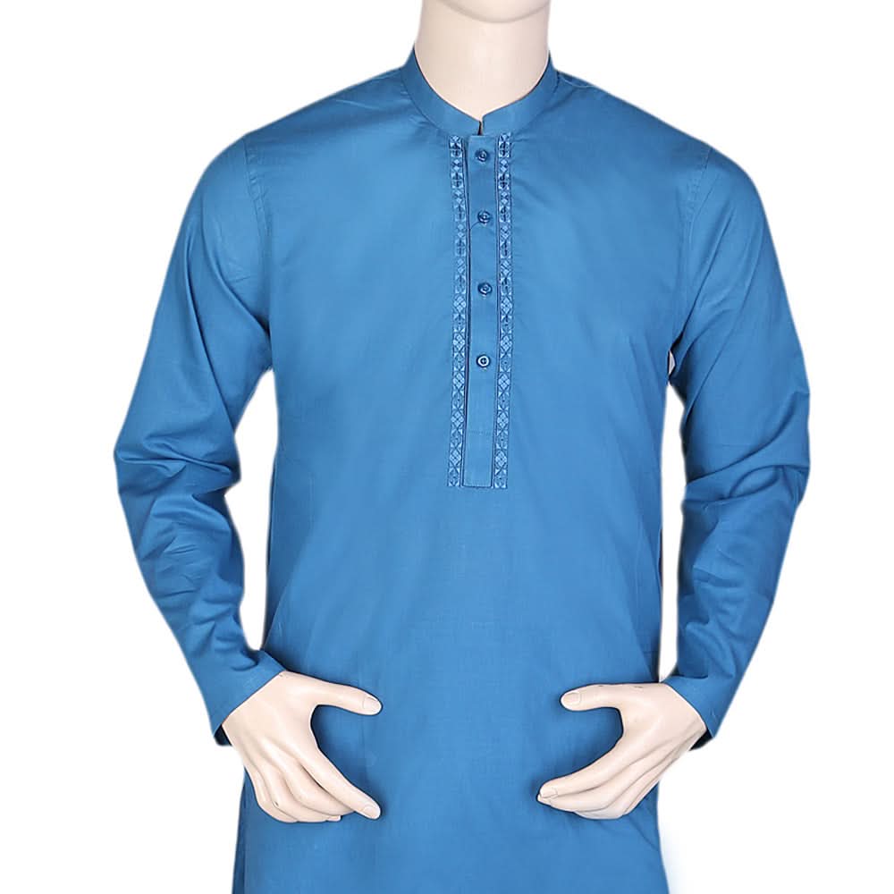 Men's Embroidered Shalwar Kameez Band Collar - Steel Blue, Men, Shalwar Kameez, Chase Value, Chase Value