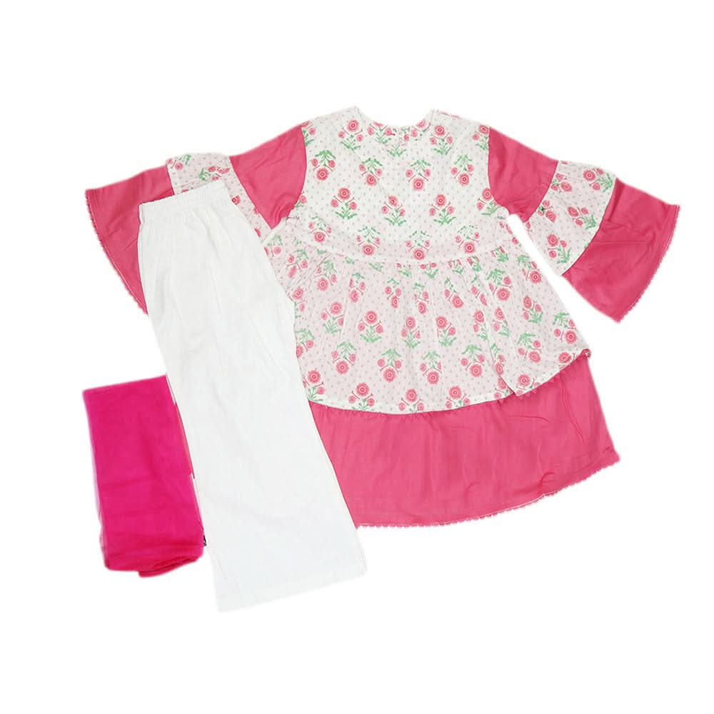 Girls Printed  Cotton Suit 3 Pcs - White, Kids, Girls Sets And Suits, Chase Value, Chase Value