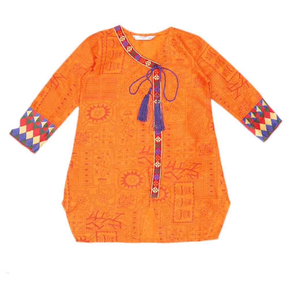 Girls Embroidered Cotton  Kurti - Orange, Kids, Girls Kurti, Chase Value, Chase Value