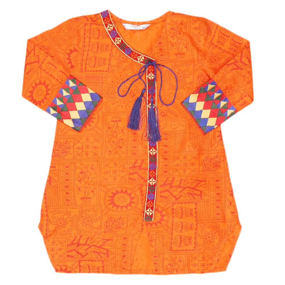 Girls Embroidered Cotton  Kurti - Orange, Kids, Girls Kurti, Chase Value, Chase Value
