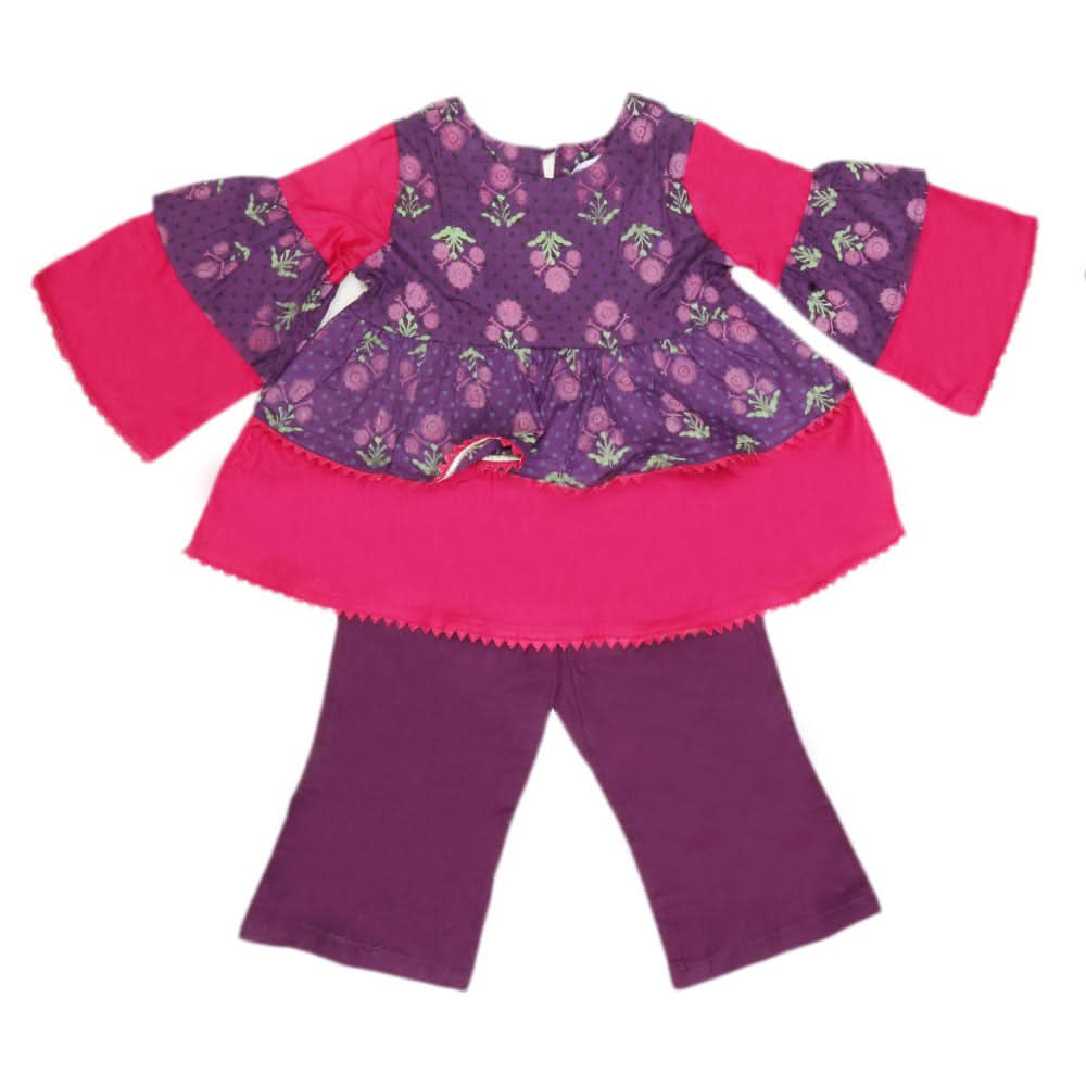 Girls Printed  Cotton Suit 3 Pcs - Purple, Kids, Girls Sets And Suits, Chase Value, Chase Value