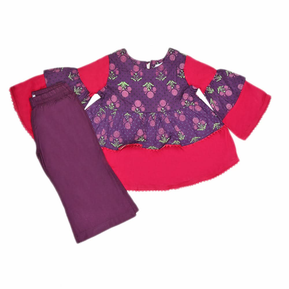 Girls Printed  Cotton Suit 3 Pcs - Purple, Kids, Girls Sets And Suits, Chase Value, Chase Value