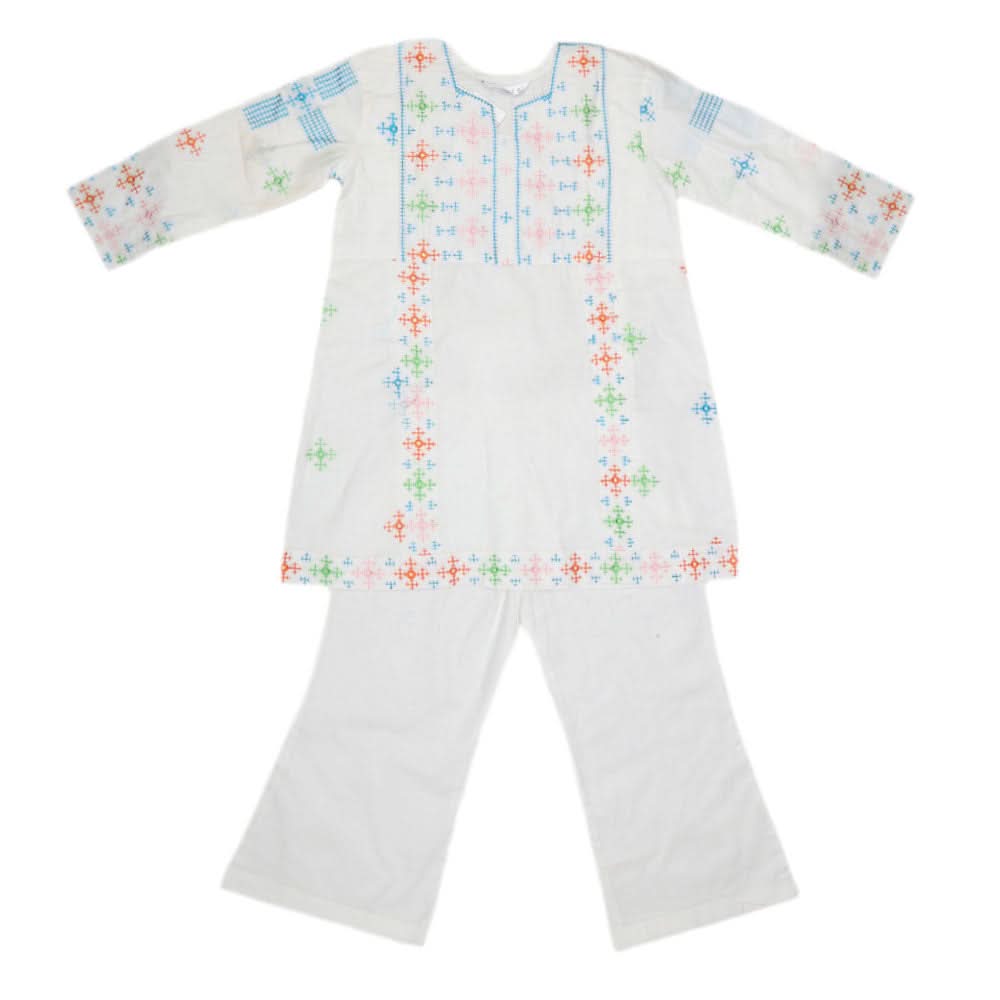 Girls Embroidery  Cotton Suit 3 Pcs - White, Kids, Girls Sets And Suits, Chase Value, Chase Value