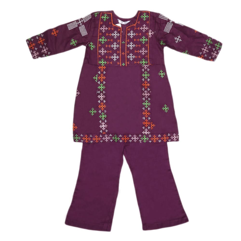 Girls Embroidery  Cotton Suit 3 Pcs - Purple, Kids, Girls Sets And Suits, Chase Value, Chase Value