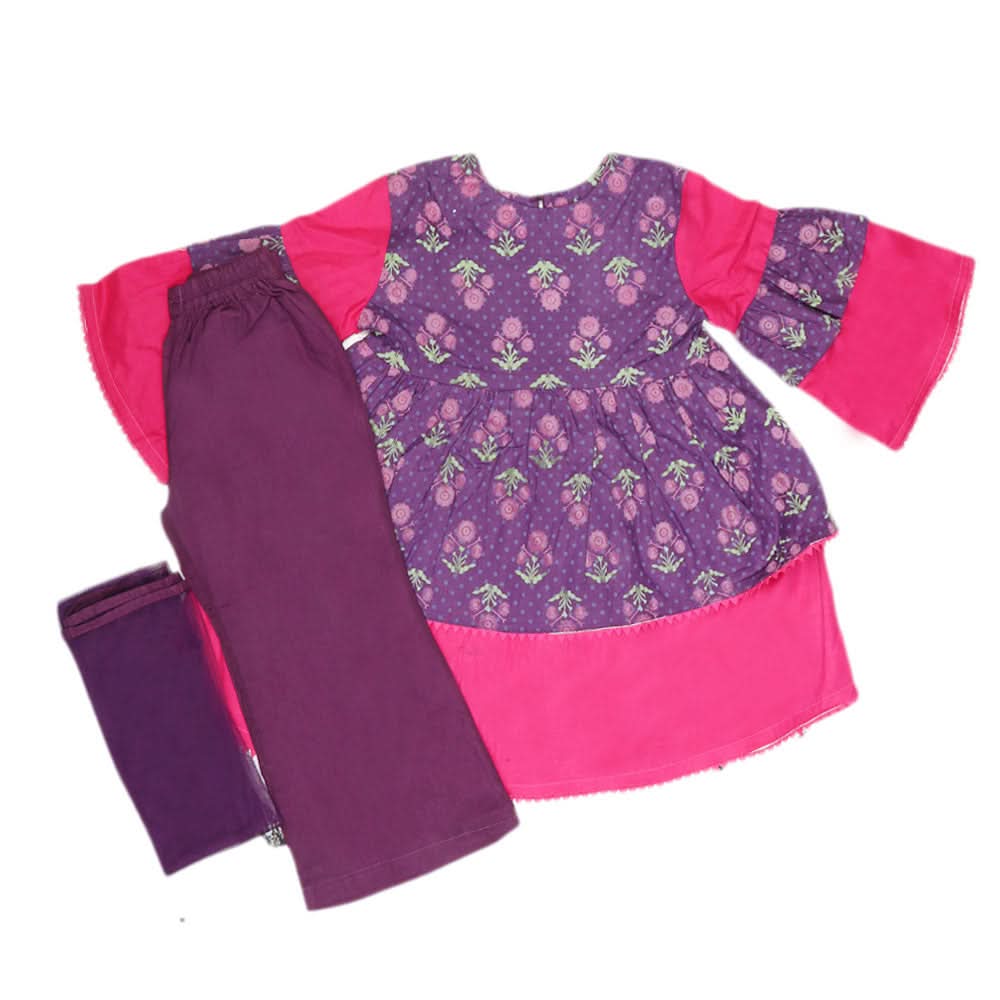 Girls Printed  Cotton Suit 3 Pcs - Purple, Kids, Girls Sets And Suits, Chase Value, Chase Value