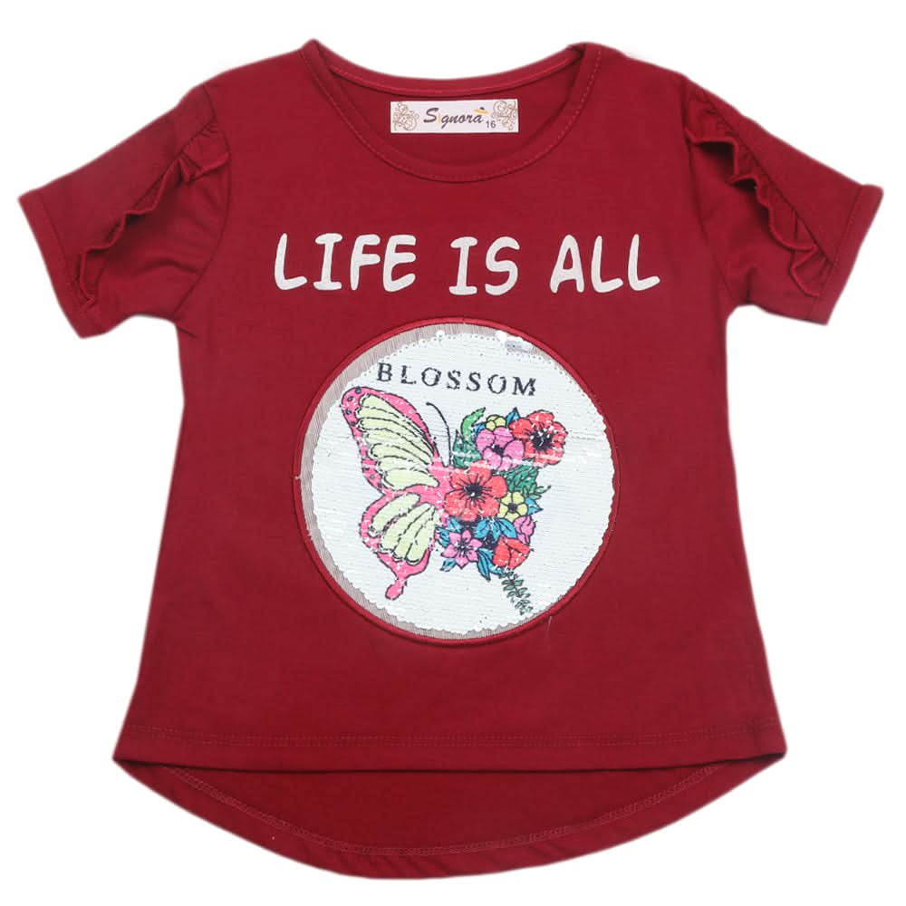 Girls Half Sleeves T-Shirt - Maroon, Kids, Girls T-Shirts, Chase Value, Chase Value
