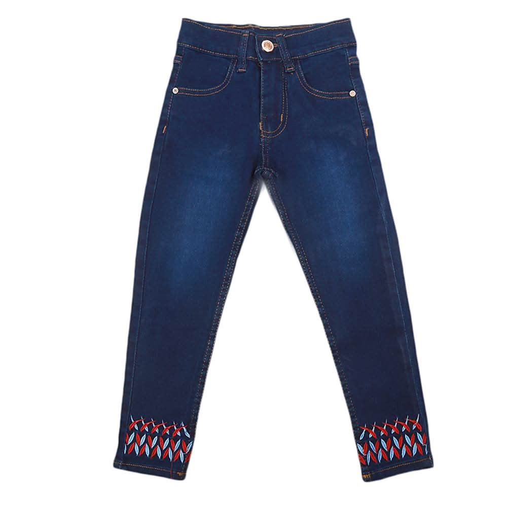 Girls Denim Embroidered Pant - Dark Blue, Kids, Pants And Capri, Chase Value, Chase Value
