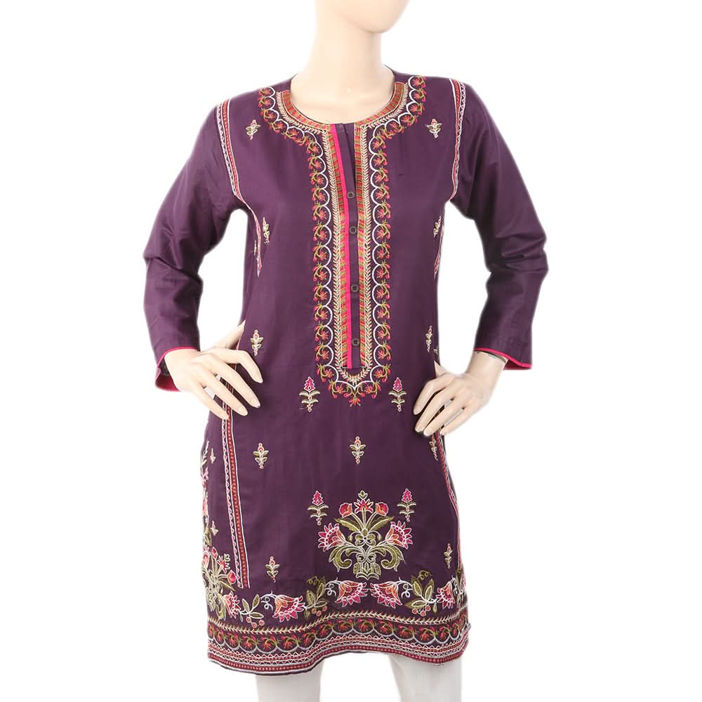 Women's Embroidered V-Neck Kurti - Purple, Women, Ready Kurtis, Chase Value, Chase Value