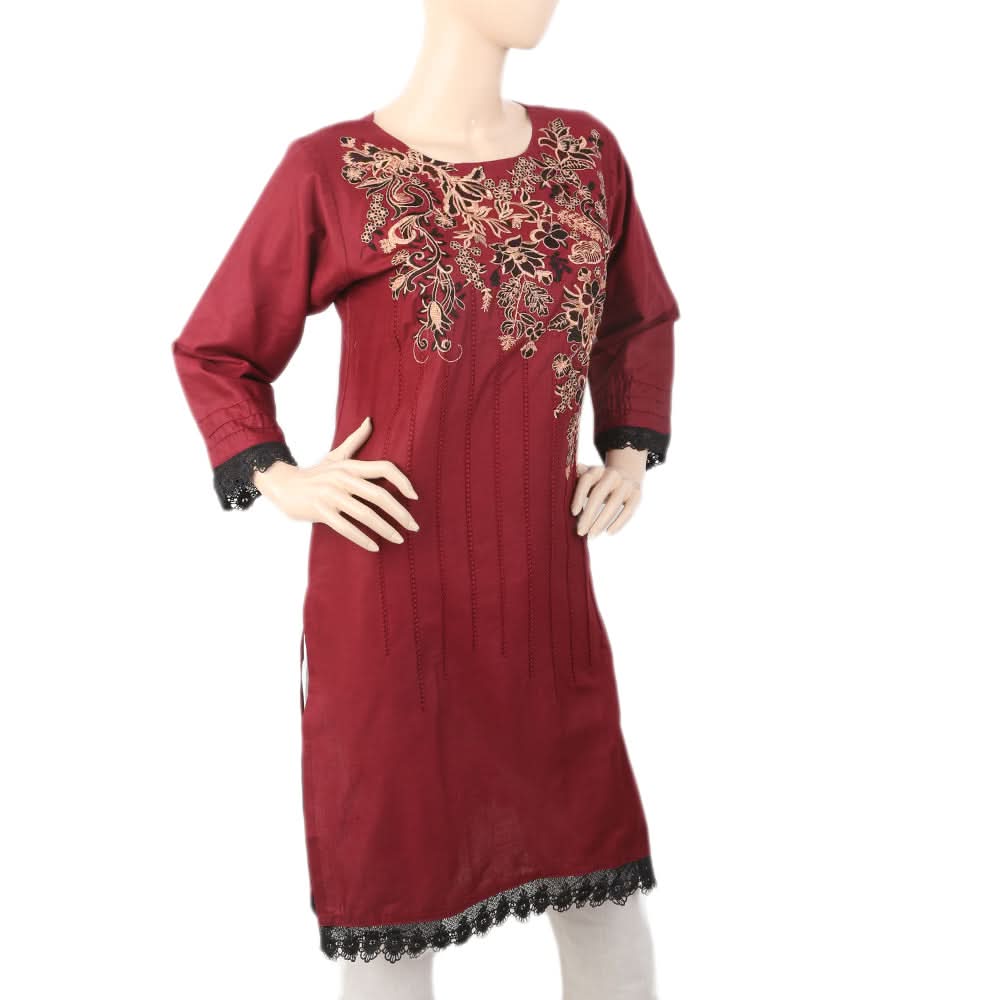 Women's Bottom Lace Embroidered Kurti - Maroon, Women, Ready Kurtis, Chase Value, Chase Value