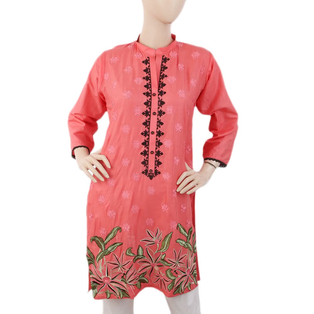 Women's Embroidered V-Neck Kurti - Peach, Women, Ready Kurtis, Chase Value, Chase Value