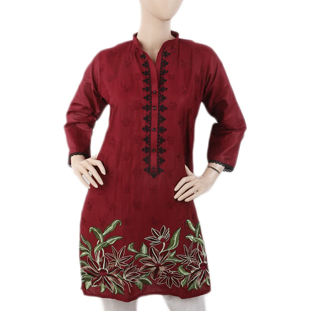 Women's Embroidered V-Neck Kurti - Maroon, Women, Ready Kurtis, Chase Value, Chase Value