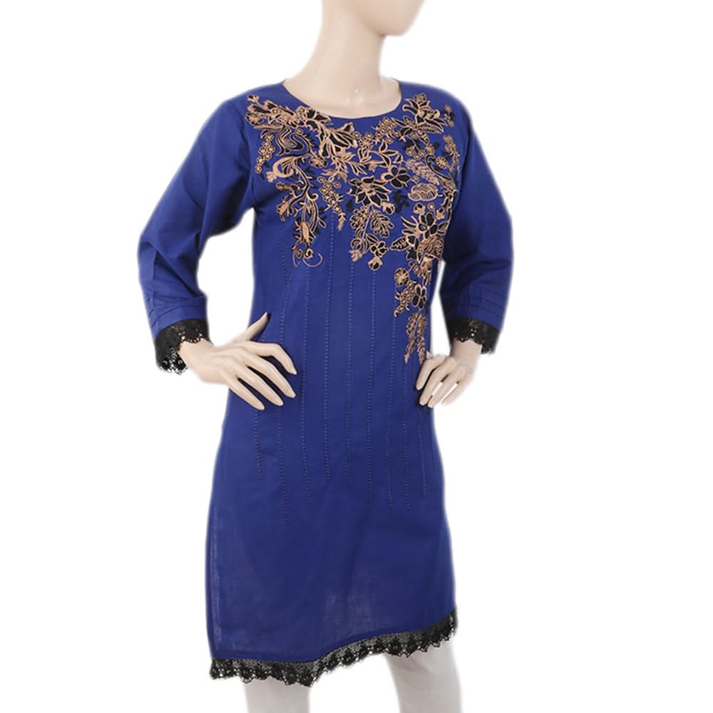 Women's Bottom Lace Embroidered Kurti - Royal Blue, Women, Ready Kurtis, Chase Value, Chase Value