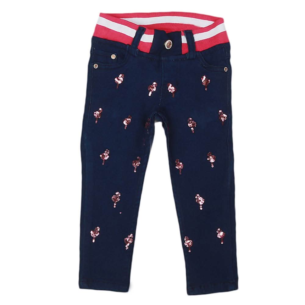 Girls Denim Embroidered Pant - Dark Blue, Kids, Pants And Capri, Chase Value, Chase Value