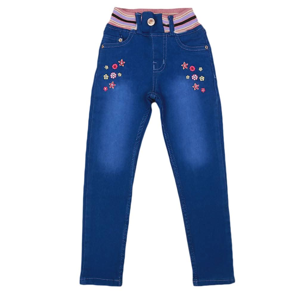 Girls Denim Embroidered Pant - Royal Blue, Kids, Pants And Capri, Chase Value, Chase Value