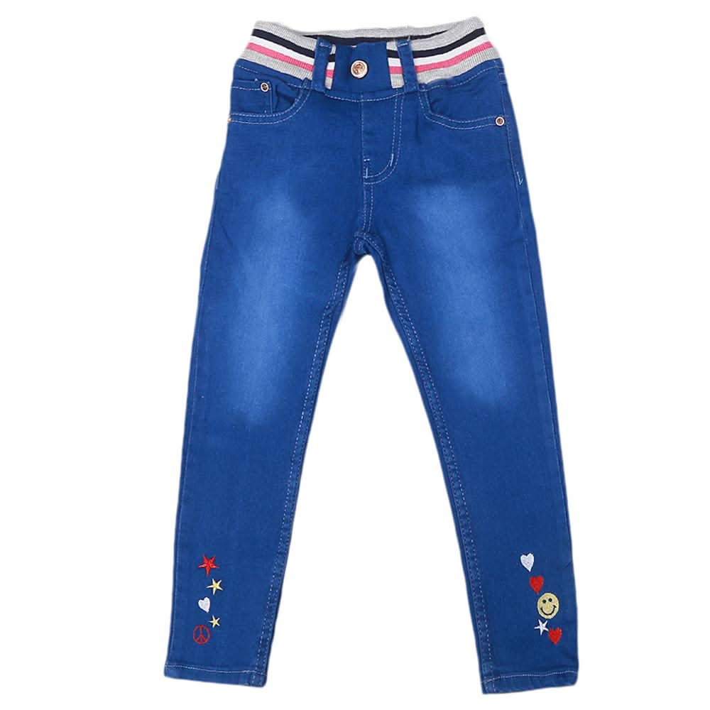 Girls Denim Embroidered Pant - Royal Blue, Kids, Pants And Capri, Chase Value, Chase Value