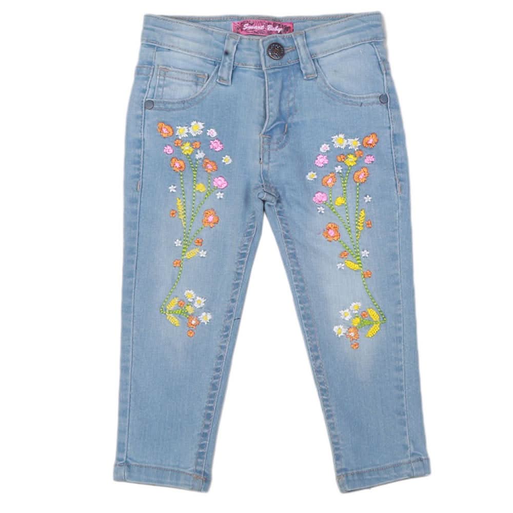 Girls Embroidered Denim Pant - Light Blue, Kids, Pants And Capri, Chase Value, Chase Value
