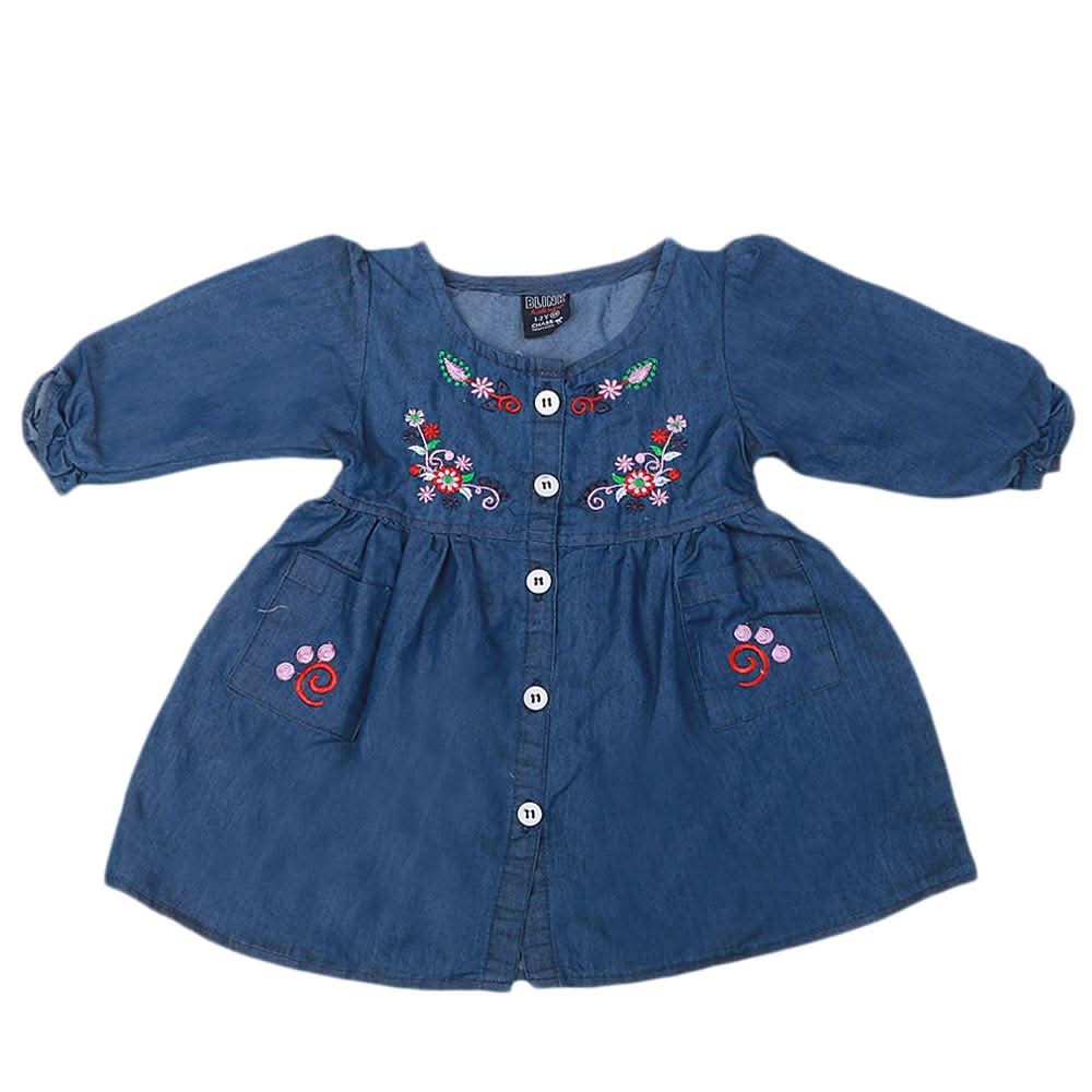 Girls Embroidered Denim Frock - Blue, Girls Apparel, Chase Value, Chase Value