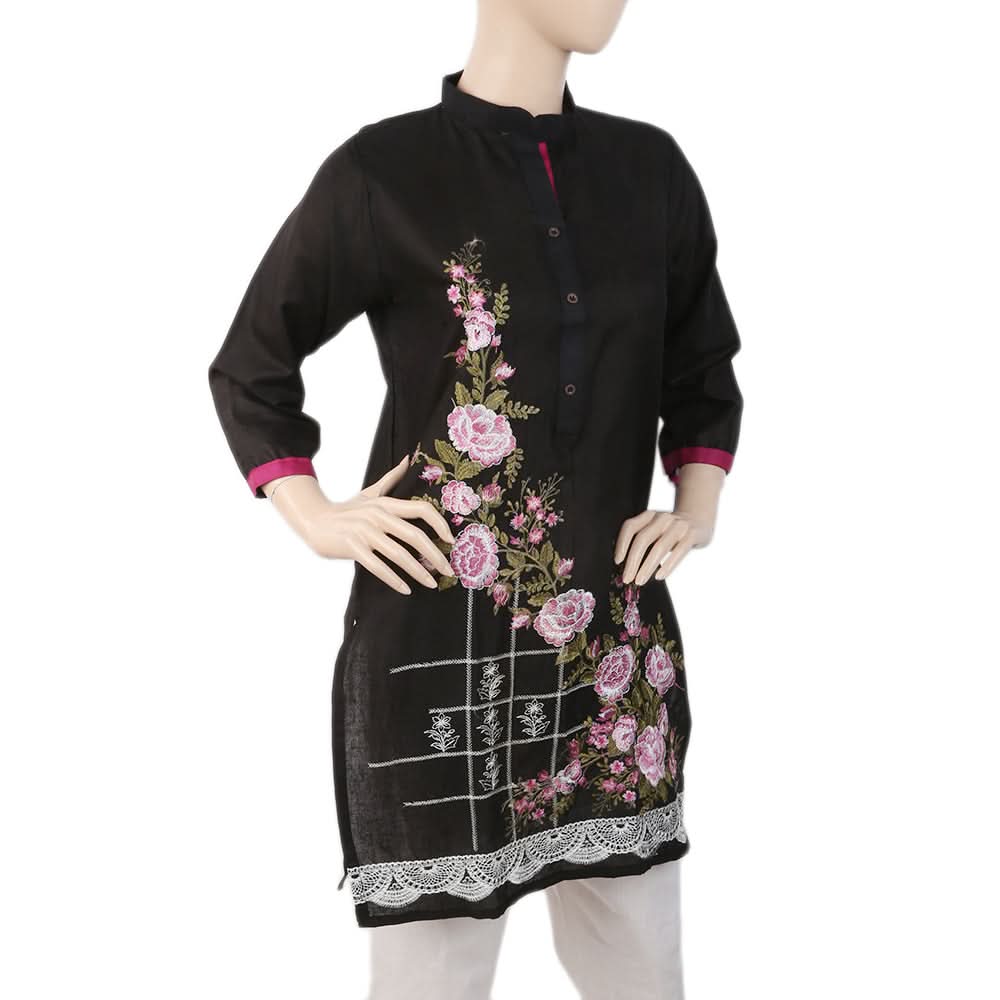 Women's Embroidered Front Button Kurti - Black, Women, Ready Kurtis, Chase Value, Chase Value