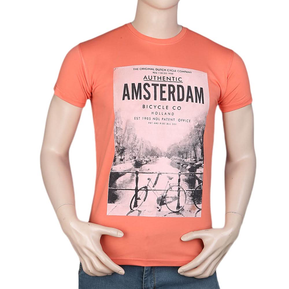 Men's Slim Fit Printed T-Shirt -Peach, Men, T-Shirts And Polos, Chase Value, Chase Value