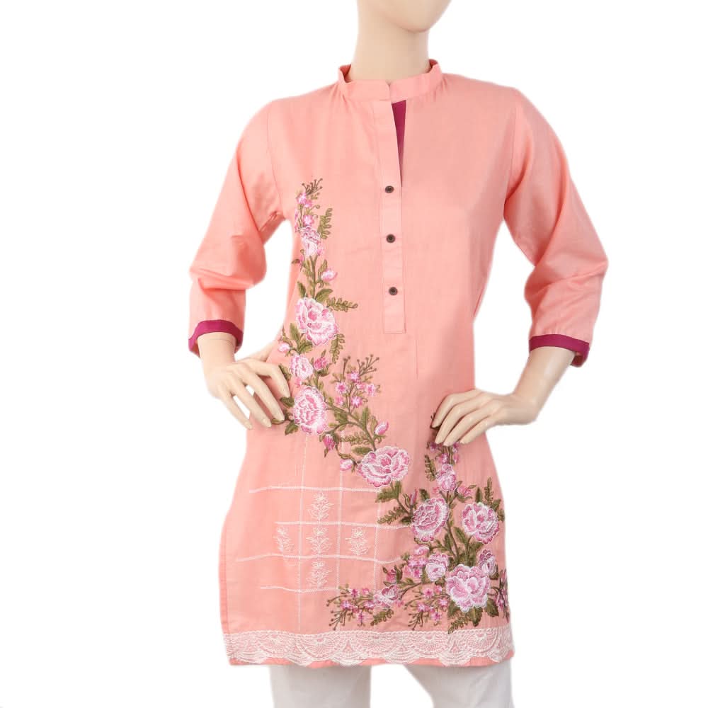 Women's Embroidered Front Button Kurti - Peach, Women, Ready Kurtis, Chase Value, Chase Value