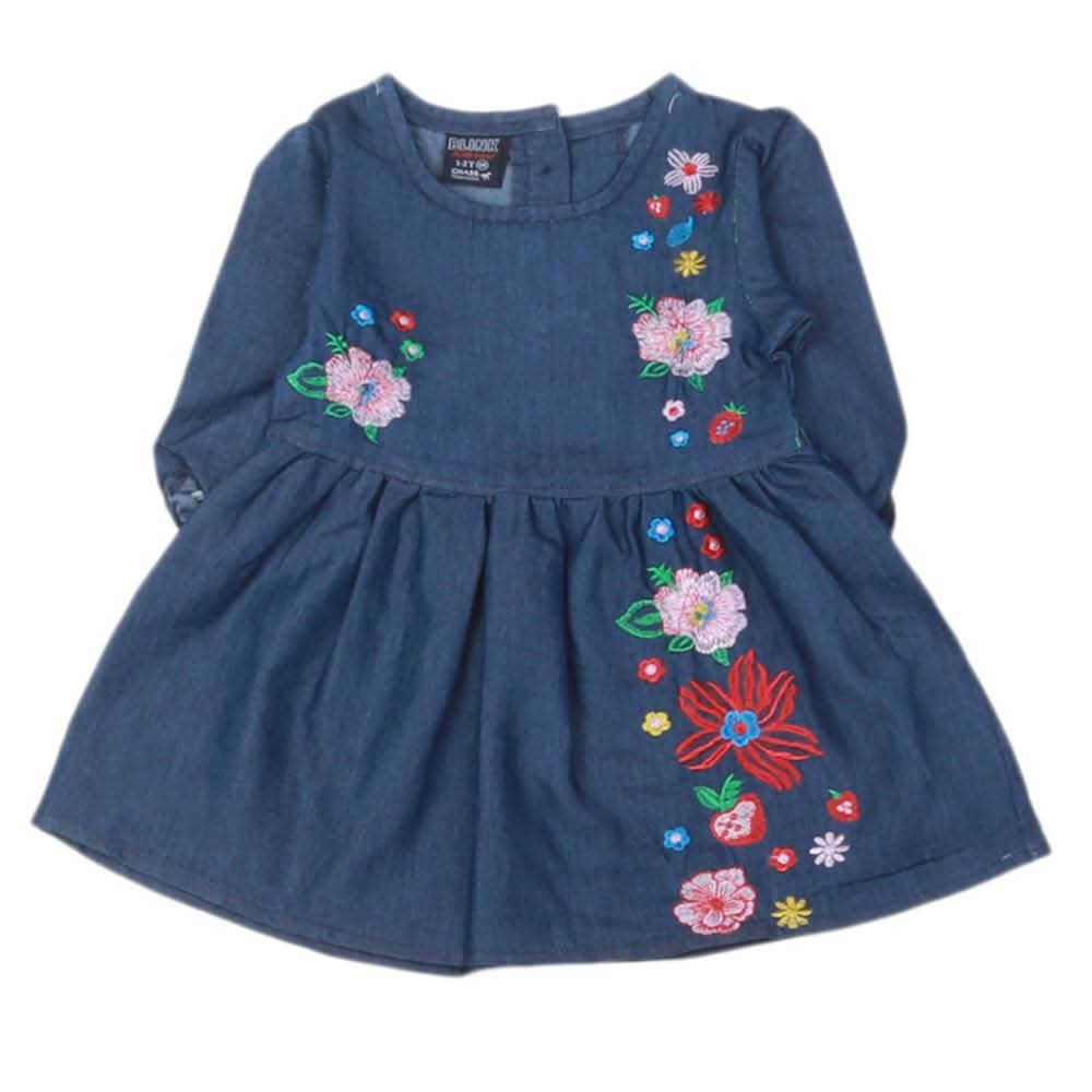 Girls Embroidered Denim Frock- Dark Blue, Girls Apparel, Chase Value, Chase Value