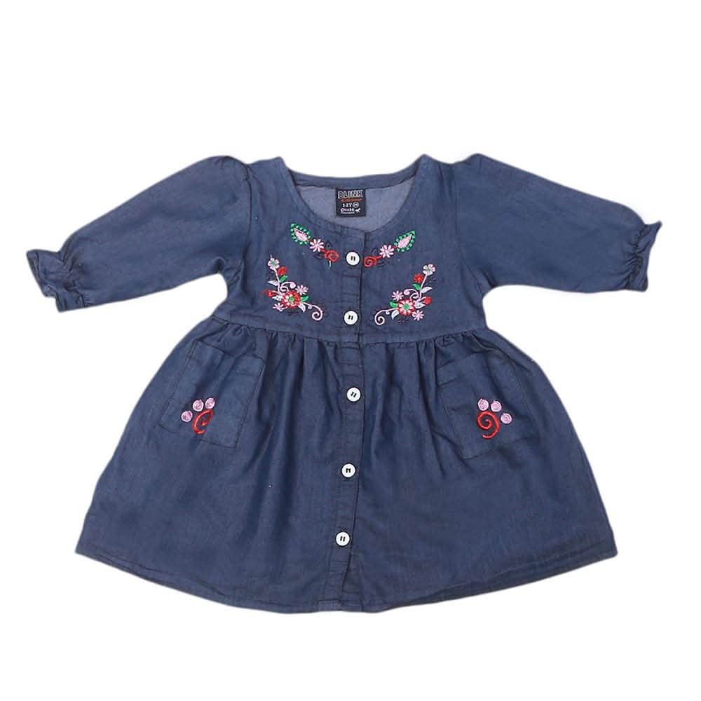 Girls Embroidered Denim Frock- Dark Blue, Kids, Girls Kurti, Chase Value, Chase Value